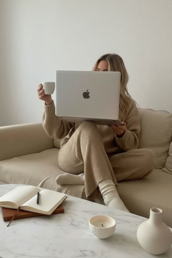 Woman in cozy loungewear working on a laptop, sipping coffee on a beige sofa. Relaxed home office setup with notebook and candle.