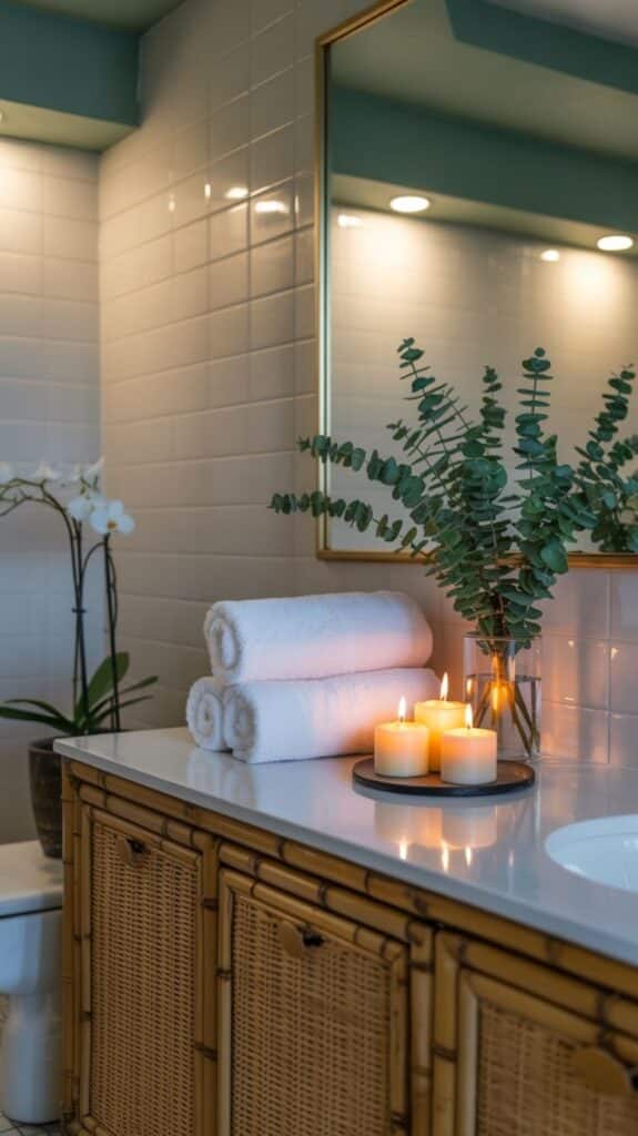 Spa-Inspired Bamboo Vanity with Faux Eucalyptus Candlelight Glow - Handy Home Elegant bathroom with candles, rolled towels, and eucalyptus in a vase on a bamboo vanity, creating a calming spa atmosphere.