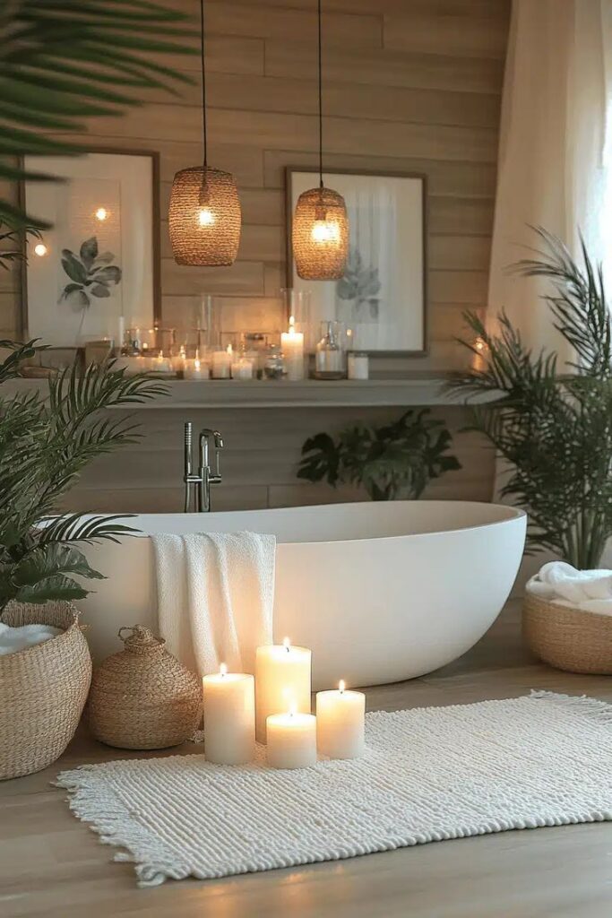 Spa-Inspired Bathroom Decor Ideas _ Relaxing Candlelight Bath Aesthetic - Handy Home Relaxing bathroom with a freestanding tub, candles, and plants. Warm, cozy, and inviting spa-like ambiance for ultimate relaxation.