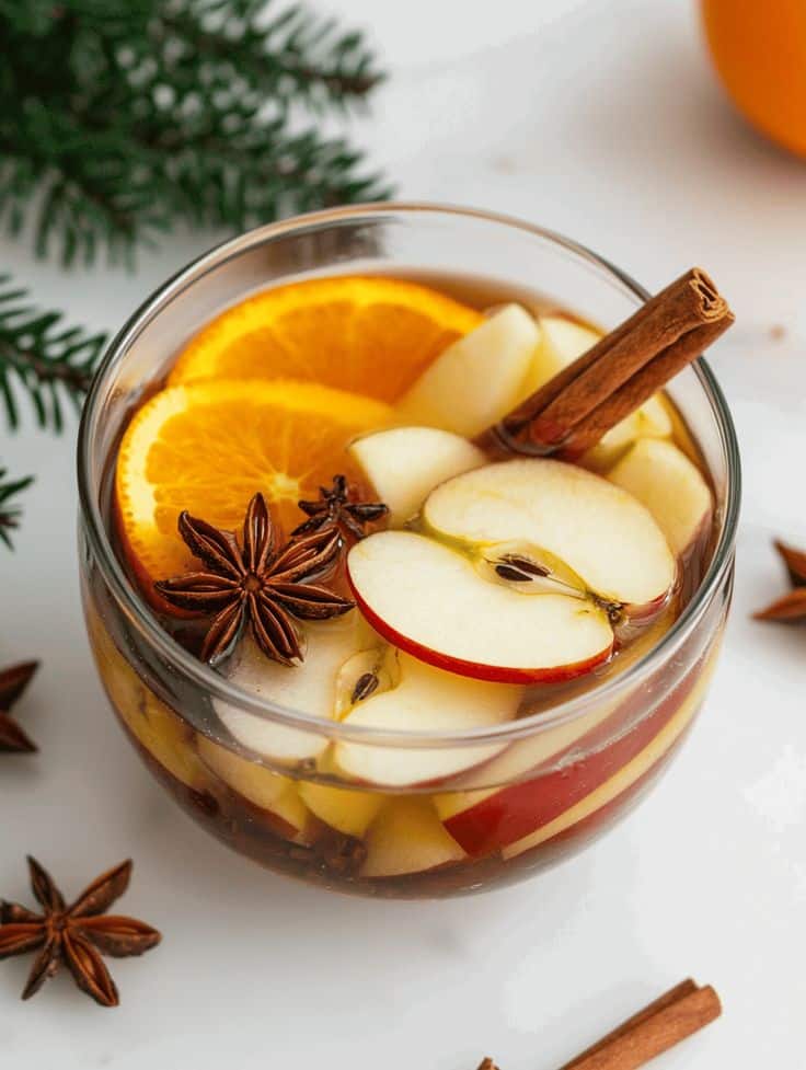 Spice Up Your Season_ The Unexpected Charm of a Holiday Simmering Pot - Handy Home Warm apple cider with orange slices, cinnamon, and star anise in a glass. Cozy winter drink on a festive background.