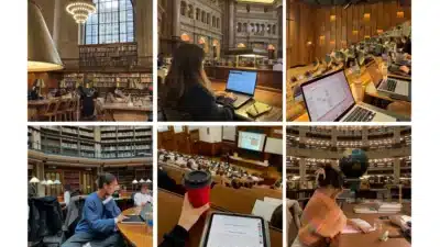 Collage of students studying in libraries and lecture halls with laptops and books, highlighting academic environments and learning.