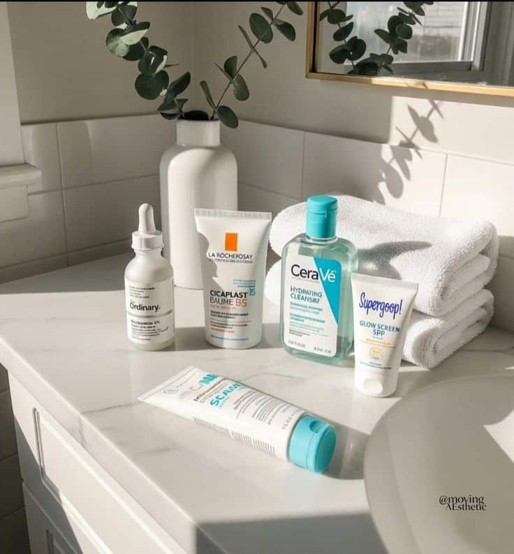 The 10-Minute Skincare Ritual That Makes You Glow ✨ - Handy Home Skincare products on a bathroom counter with eucalyptus decor. Includes cleansers, sunscreen, and moisturizer in natural light.