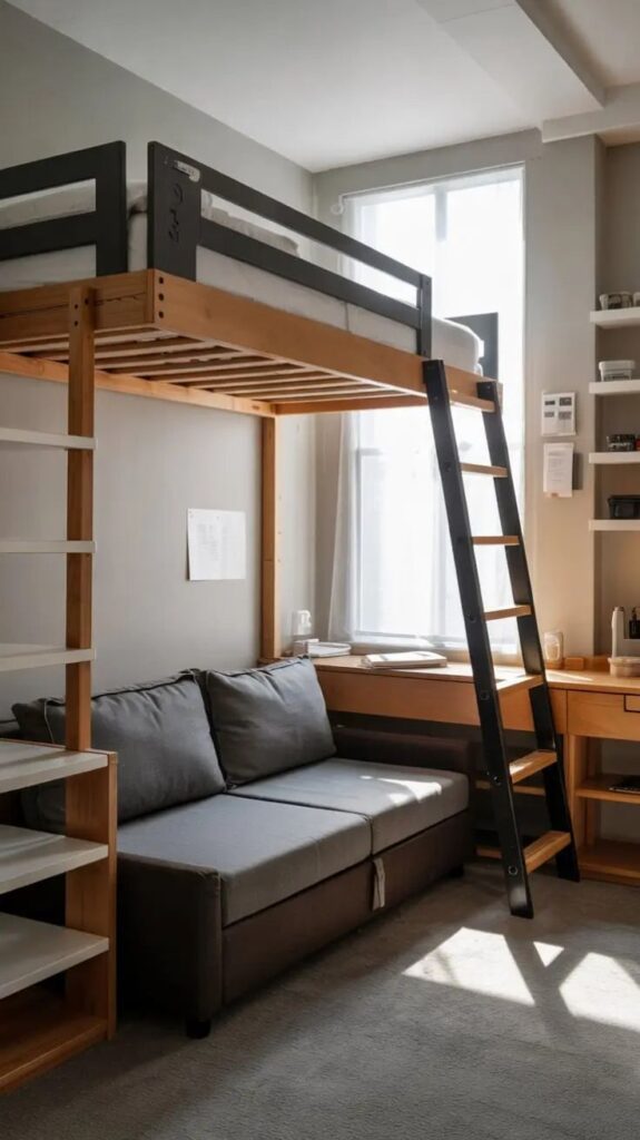 The Best College Dorm Room Ideas 2026_ 10_ Multi Functional Furniture For Compact Dorms Loft bed with workspace and sofa in cozy, minimalist room. Perfect for maximizing small space living. Bright and airy design. - Handy Home Loft bed with workspace and sofa in cozy, minimalist room. Perfect for maximizing small space living. Bright and airy design.