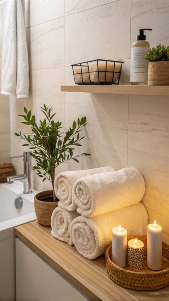 The Secret to a Spa-Like Bathroom 🕯️ - Handy Home Cozy bathroom with rolled towels, potted plant, candles, and shelf decor, creating a relaxing spa-like atmosphere.