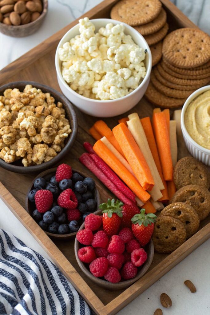 Top 3 Vegan Snacks for Movie Nights - Handy Home Healthy snack platter with popcorn, fresh berries, crackers, veggie sticks, and hummus on a wooden tray. Perfect party appetizer!