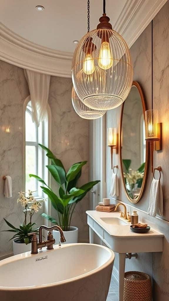 Transform Your Bathroom with 10 Decorating Ideas - Handy Home Luxurious bathroom with oval tub, elegant lighting, large mirror, and lush indoor plants for a spa-like atmosphere.