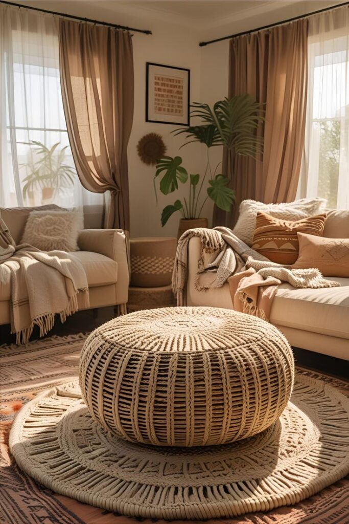 Transform Your Space with This Cozy Pouf Ottoman Design - Handy Home Cozy living room with a round woven ottoman, neutral couches, plush pillows, and lush plants, bathed in warm natural light.