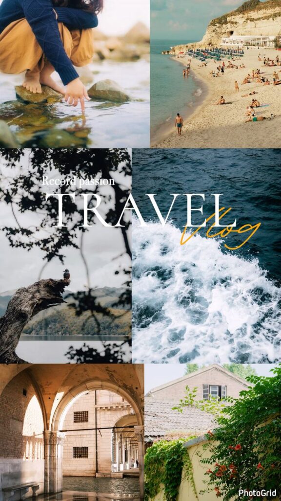Travel Vlog - Handy Home Collage of travel destinations: beach, waves, architecture, nature. Text reads Record passion: Travel vlog.