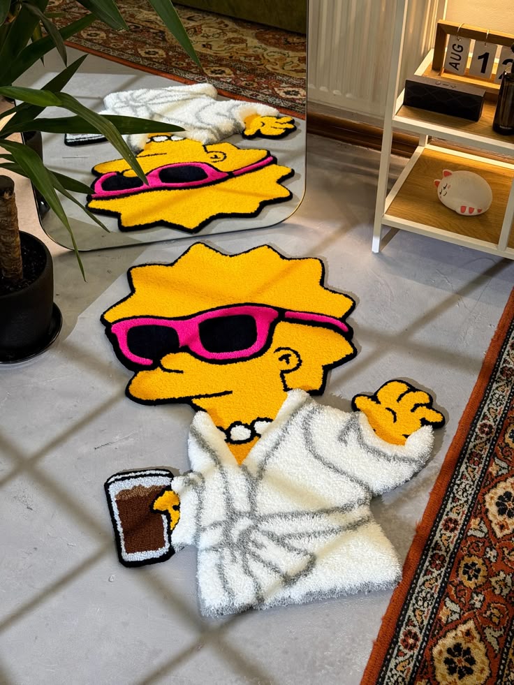 Cartoon rug of a character in shades and a robe holding a drink, with a reflection in a mirror; vibrant decor scene.
