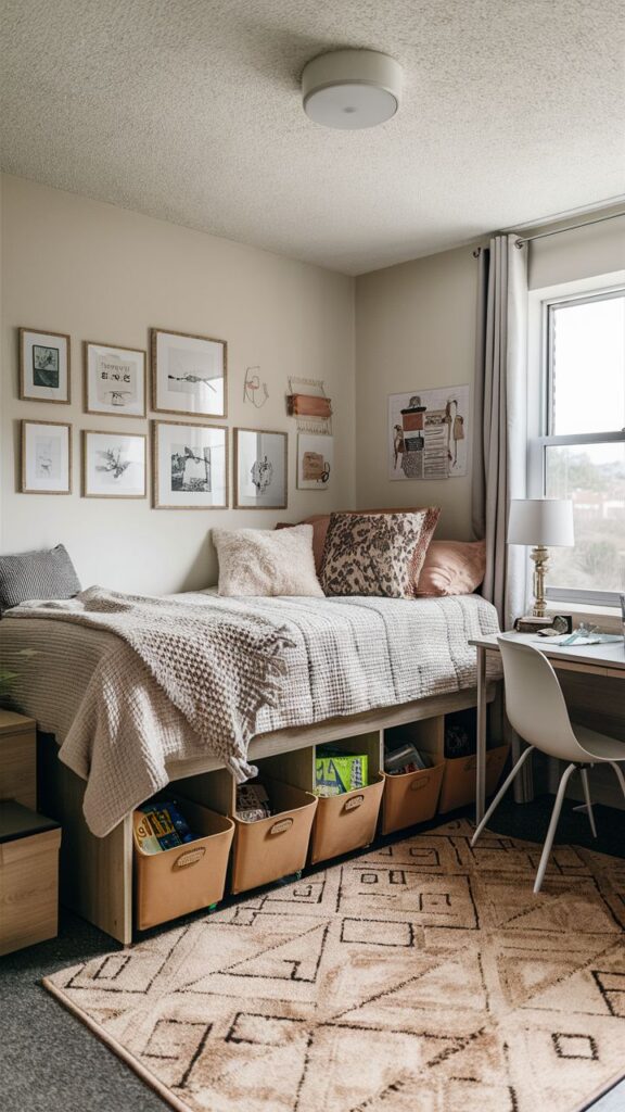 Under-Bed Storage for Space Optimization Cozy dorm room with a neatly made bed, decorative pillows, wall art, and organized storage baskets under the bed. - Handy Home Cozy dorm room with a neatly made bed, decorative pillows, wall art, and organized storage baskets under the bed.