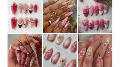 Assorted elegant floral nail art designs in pink and white with rhinestones, perfect for a chic and stylish manicure.