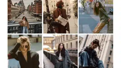 Fashionable individuals in urban settings, showcasing stylish autumn outfits, featuring coats, blazers, and casual streetwear.