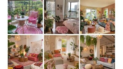 Collage of cozy, stylish interiors and balconies with green plants, vibrant colors, and natural light. Perfect for home decor inspiration.