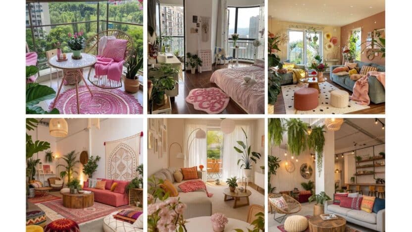 Collage of cozy, stylish interiors and balconies with green plants, vibrant colors, and natural light. Perfect for home decor inspiration.