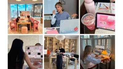 Collage of modern office scenes with people working on laptops in various creative and collaborative environments.