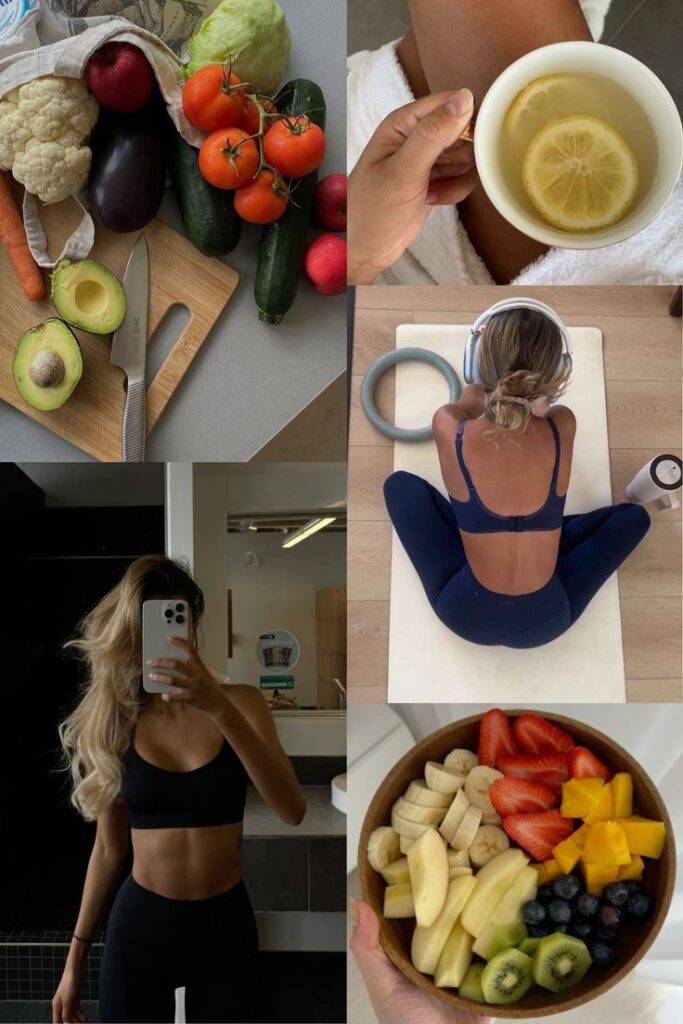 WELLNESS ERA 2025 - Handy Home Healthy lifestyle collage: fresh veggies, lemon tea, woman in workout gear, fresh fruit bowl. Perfect for wellness inspiration!
