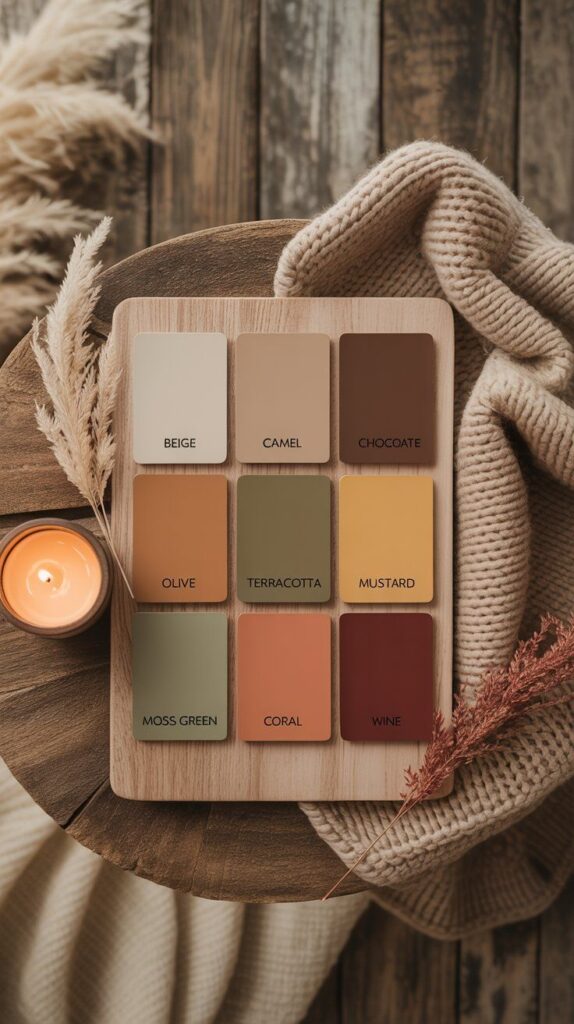 Warm Autumn Colors For Your Cozy 2025 Home Palette of earthy tones: beige, camel, chocolate, olive, terracotta, mustard, moss green, coral, and wine, with cozy decor. - Handy Home Palette of earthy tones: beige, camel, chocolate, olive, terracotta, mustard, moss green, coral, and wine, with cozy decor.
