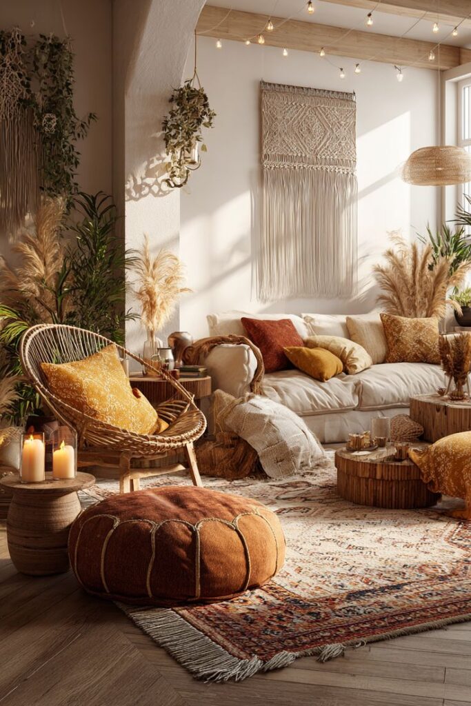 Warm + Dreamy Boho Living Room Ideas Full of Texture - Handy Home Cozy boho living room with warm tones, macrame wall art, wicker chair, and cushions on a patterned rug. Indoor plants add a fresh touch.