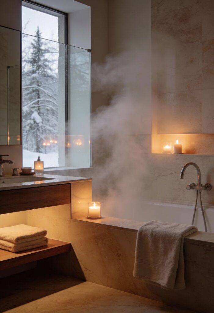 Warm winter bath sanctuary - Handy Home Cozy bathroom retreat with steaming bathtub, candles, and snowy window view, perfect for relaxation and self-care.