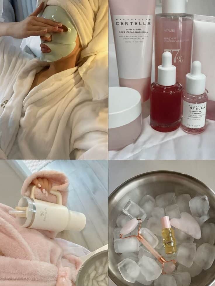 Winter Skincare - Handy Home Woman enjoying a spa day with skincare products, face mask, and a jade roller. Relaxing self-care and beauty routine setup.