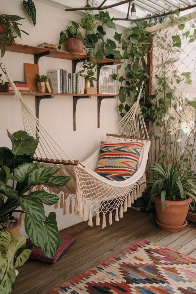 Cozy hammock on a plant-filled balcony with colorful pillows, wooden shelves, and books. Perfect for relaxation and reading.