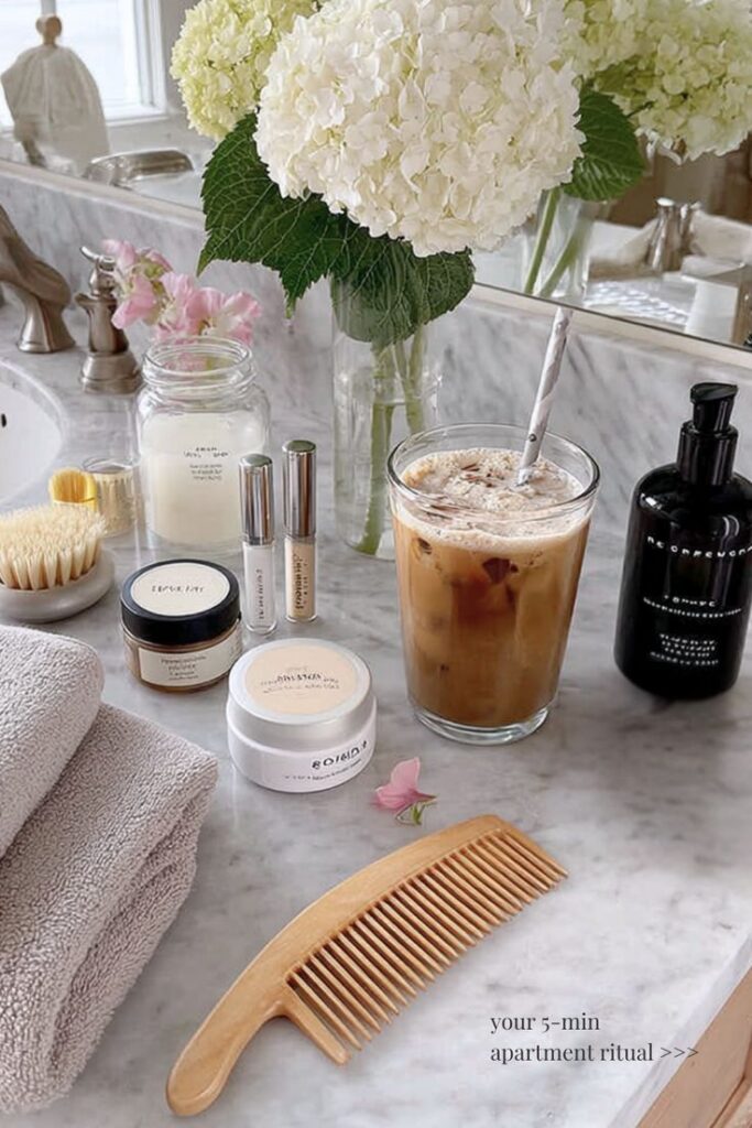 Your 5-Min Apartment Glow-Up Ritual - Handy Home Elegant bathroom counter with skincare products, iced coffee, wooden comb, and white flowers. Perfect for a relaxing morning routine.