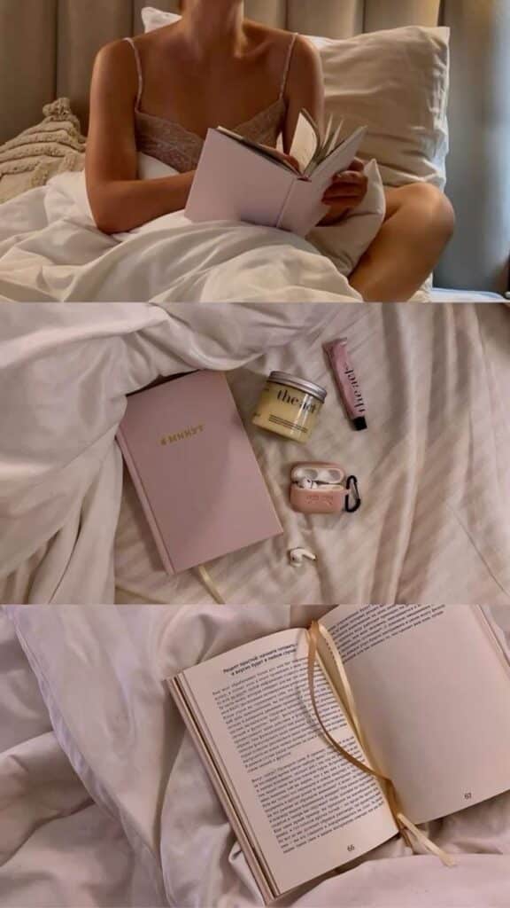 aesthetic pinterest lifestyle life books - Handy Home Cozy reading in bed with a pink journal, candle, and earbuds on white sheets. Perfect relaxation setting for a peaceful night.