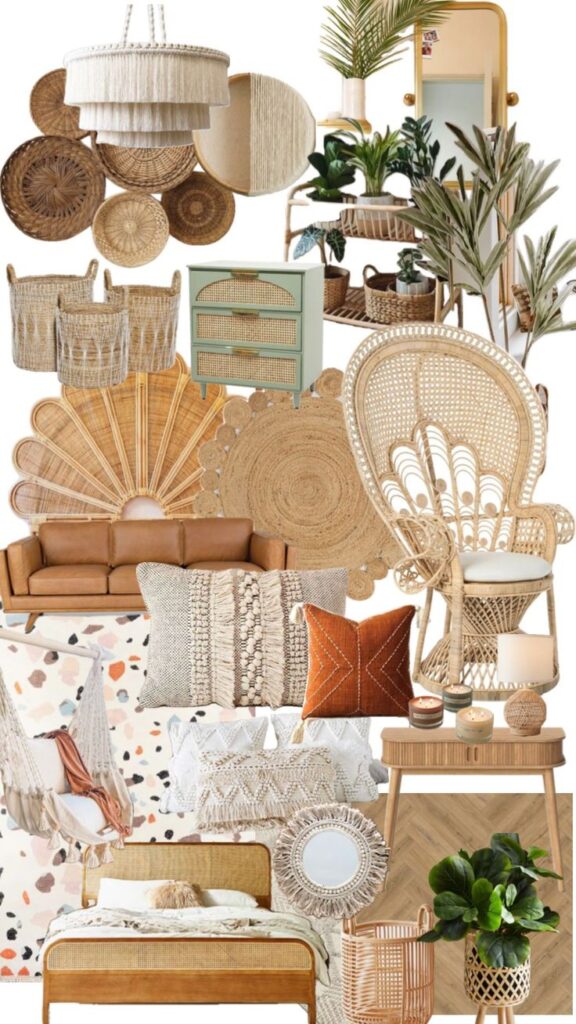 Boho home decor inspiration with woven furniture, plants, pillows, and baskets for a cozy, natural living space.
