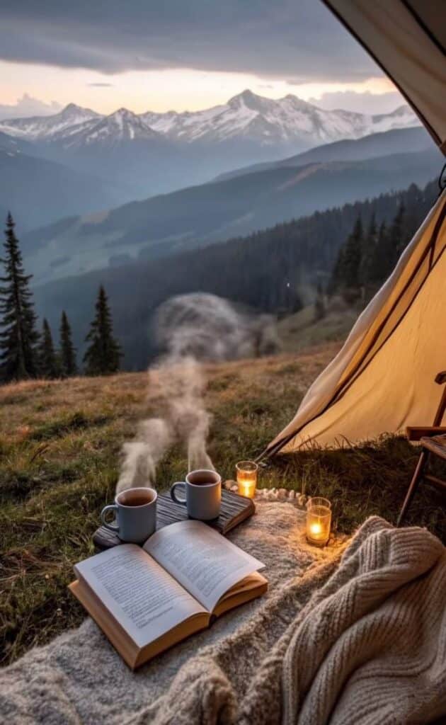 b421906d-b73c-470b-911b-34a8f8cc4004 Cozy mountain campsite with books, steaming mugs, and candles under a tent, overlooking snow-capped peaks at sunrise. - Handy Home Cozy mountain campsite with books, steaming mugs, and candles under a tent, overlooking snow-capped peaks at sunrise.