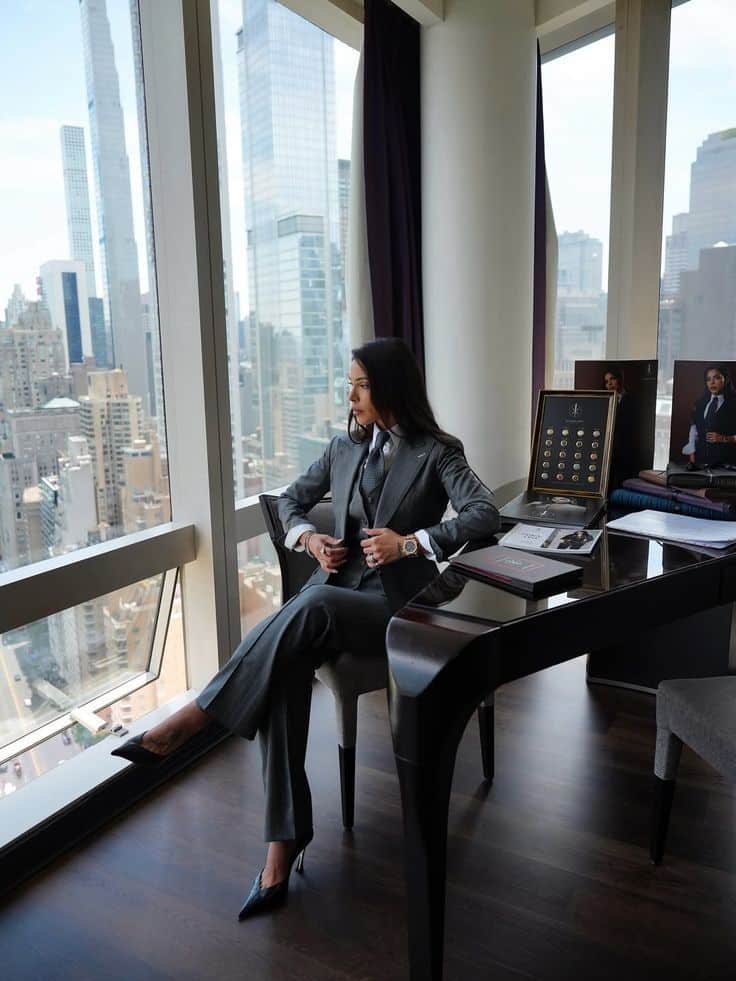 b9e402cb-1162-4d64-b7e0-d68041bc8107 - Handy Home Businesswoman in a sleek gray suit, sitting by a large window overlooking a city skyline in a modern office setting.