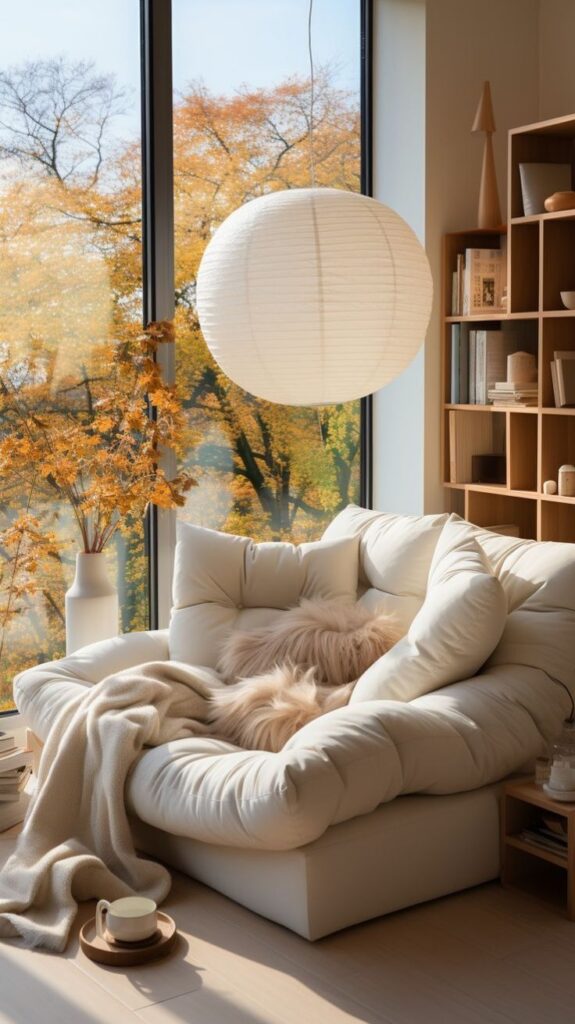 Cozy armchair with fluffy cushions, a blanket, and a warm mug in a sunlit room overlooking autumn trees through large windows.