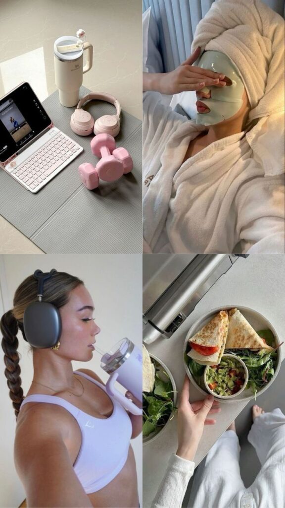 c189ad3f-596a-4dff-a342-14756250eb86 - Handy Home Woman practicing wellness with yoga, skincare, healthy eating, and fitness essentials for a balanced lifestyle.