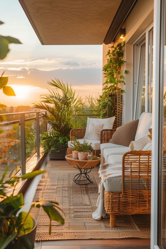 c3ca11fa-af1c-4453-aba5-23554184a7c9 - Handy Home Cozy balcony with wicker furniture, lush plants, and sunset views. Perfect outdoor relaxation space.