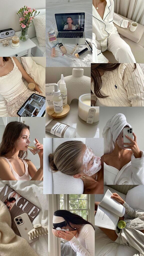 clean girl - Handy Home Collage of cozy and self-care rituals: skincare, reading, coffee, and relaxation at home. Ideal for a relaxing self-care day.