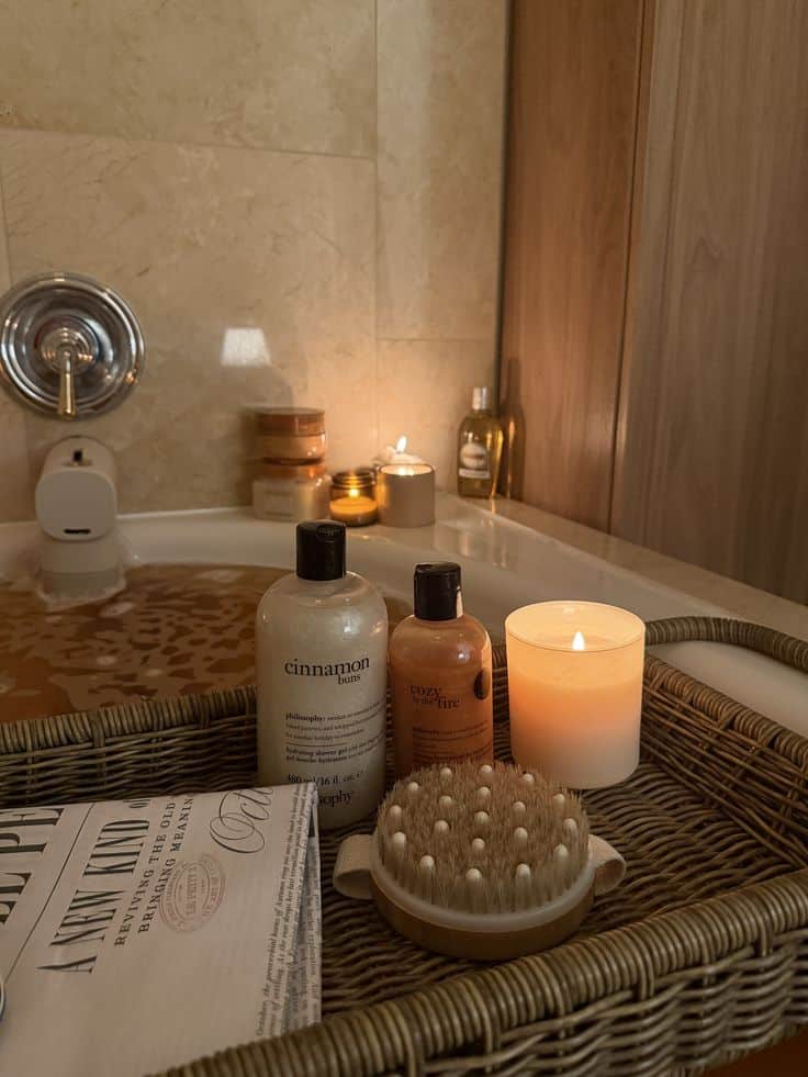 cozy bath by cozy_games - Handy Home Relaxing bath scene with candles, cinnamon-scented lotions, brush, and spa essentials in a wicker tray by a bathtub. Cozy ambiance.