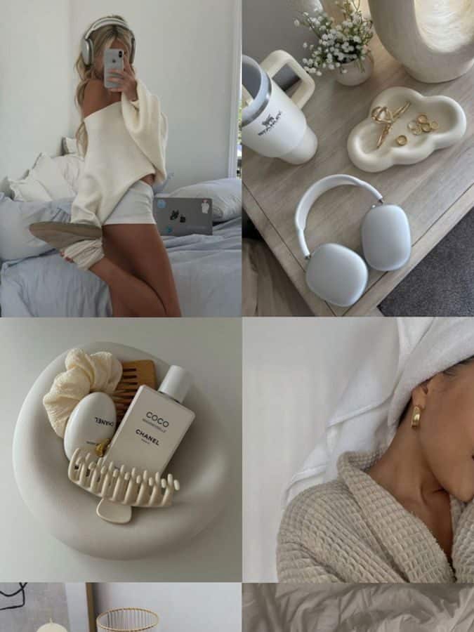 d2a52497-4df7-439b-8c08-cf5665fd2bfd - Handy Home Cozy lifestyle collage: woman in white, luxury skincare, gold rings, headphones, iced coffee, cappuccino on bed, and elegant decor.