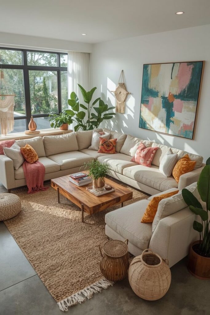 Cozy living room with beige sectional sofa, colorful pillows, indoor plants, abstract art, and natural light through large windows.