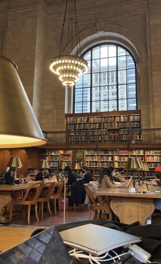 e2d01343-e4df-4904-bdcf-c6d5d87cfb5f - Handy Home Elegant library interior with arched window, chandelier, and people studying at wooden tables surrounded by bookshelves.