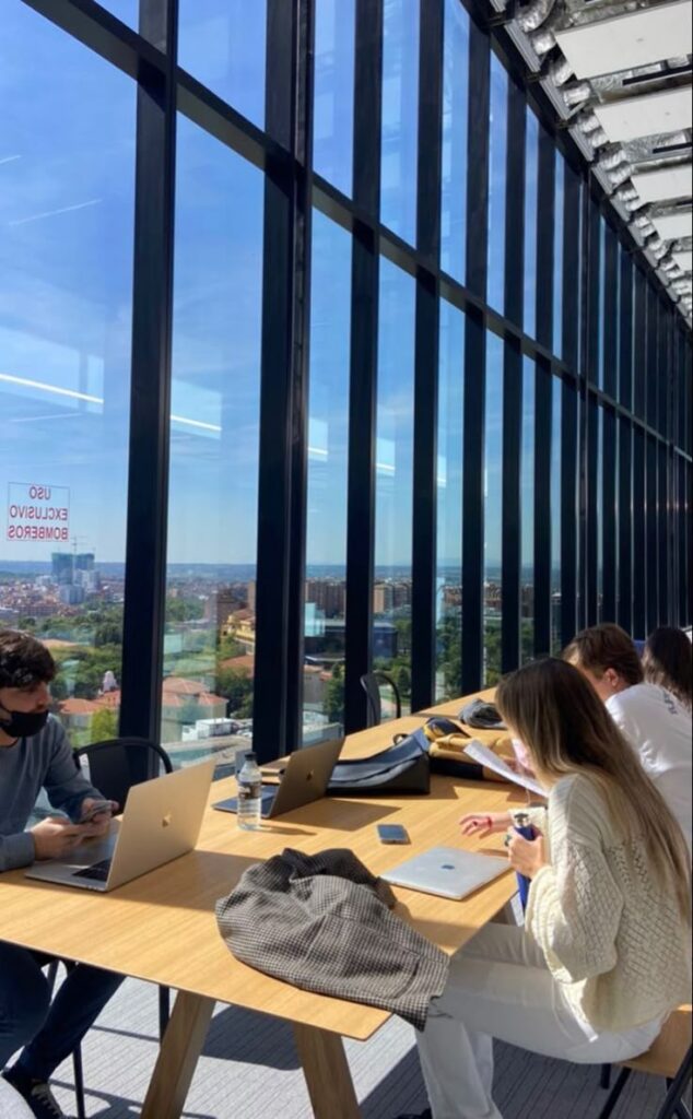 e7c961a2-e029-42e2-b838-2ae3a2c93618 - Handy Home Students studying with laptops in a sunny, glass-walled room with a city view. Collaborative workspace, productivity.