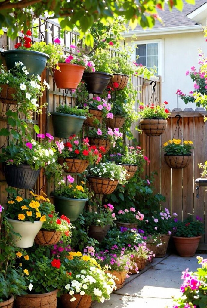 hhvfyj Colorful vertical garden with flowers in pots hanging on a wooden fence, creating a vibrant patio oasis. - Handy Home Colorful vertical garden with flowers in pots hanging on a wooden fence, creating a vibrant patio oasis.