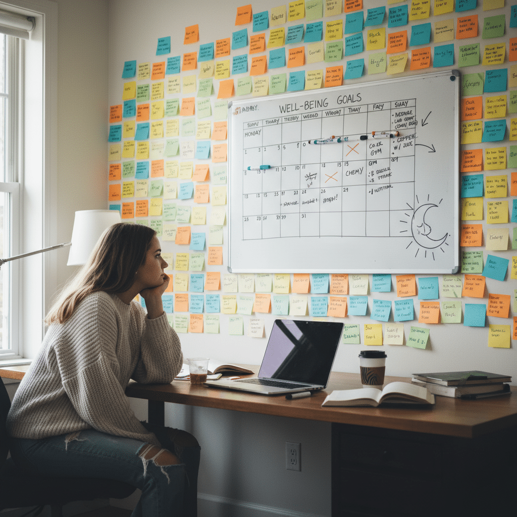 image - Handy Home Woman planning well-being goals on sticky notes and a whiteboard in a study with laptop and coffee cup on the desk.