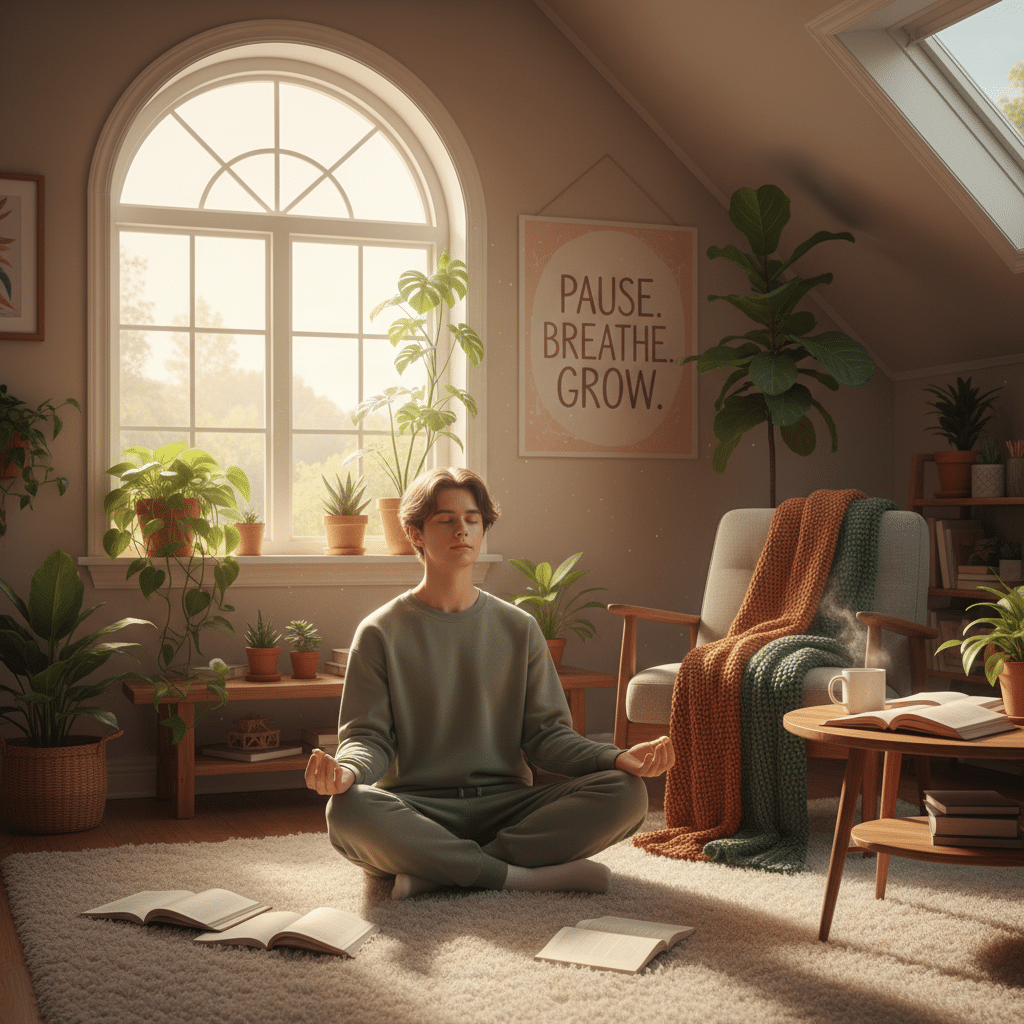 image - Handy Home Young person meditating in a cozy, plant-filled room, surrounded by books, with sunlight streaming through a window.