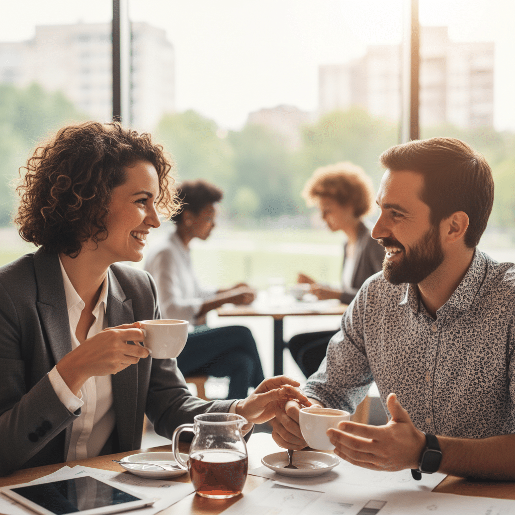 image - Handy Home Smiling professionals having a coffee meeting in a bright café, discussing business plans and enjoying a sunny day.