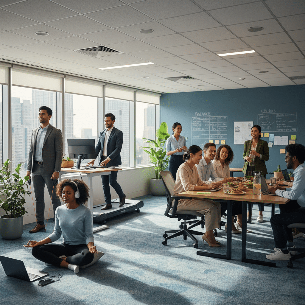 image - Handy Home People balancing work and wellness in a modern office: walking, meditating, and enjoying lunch together.
