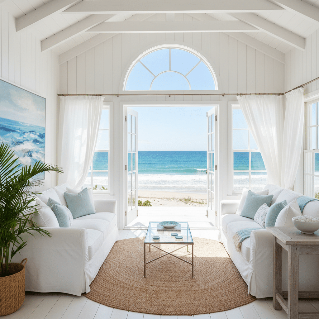 image - Handy Home Bright coastal living room with ocean view, white sofas, glass table, and beach-themed decor. Summer retreat vibes.