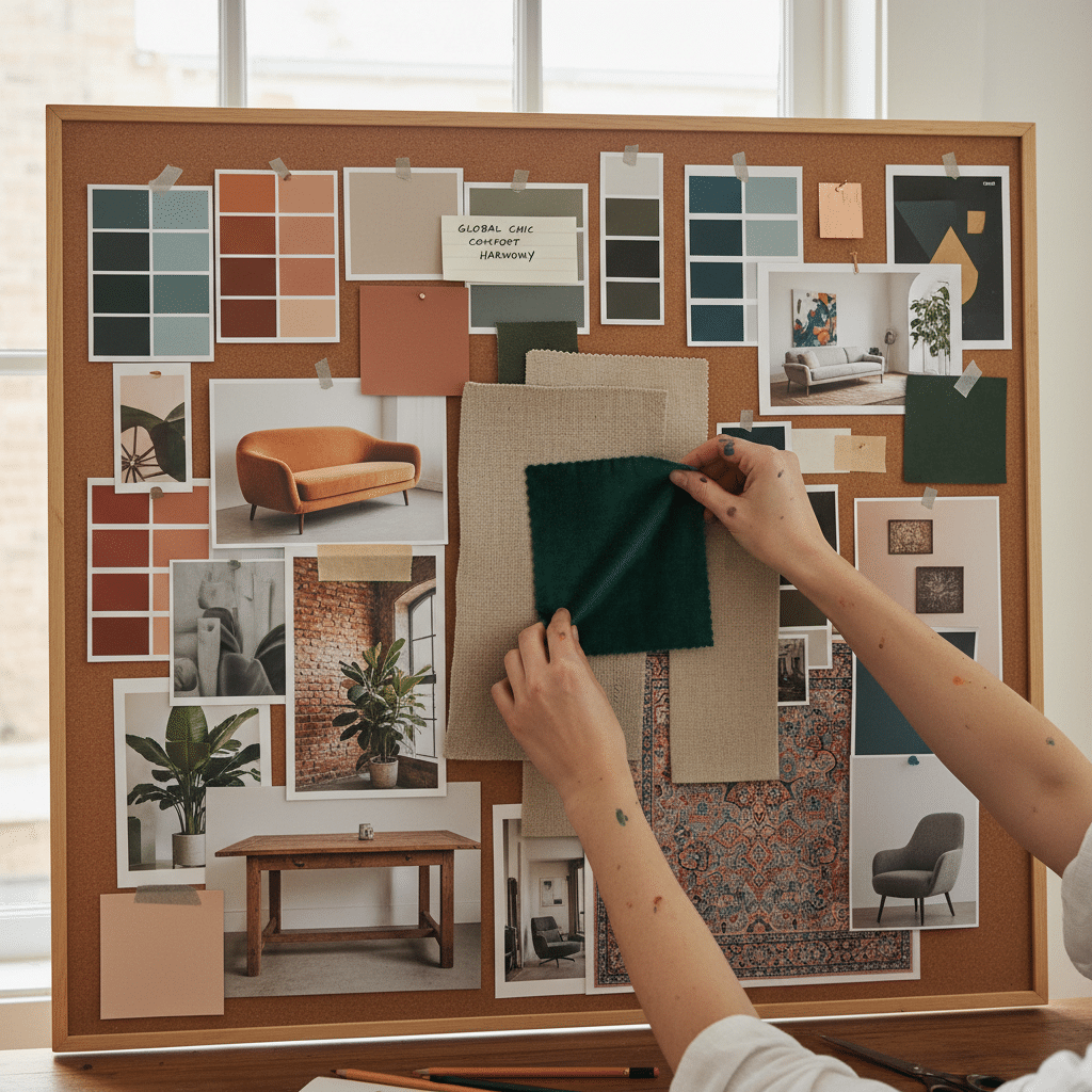 image - Handy Home Interior design mood board with fabric swatches, color samples, and inspiration photos.