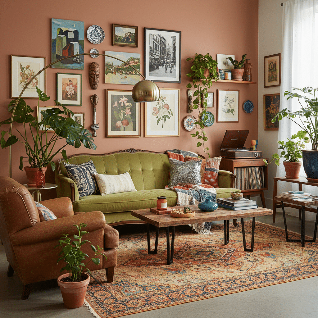 image - Handy Home Cozy living room with green sofa, eclectic art gallery wall, vintage decor, and indoor plants on a patterned rug backdrop.