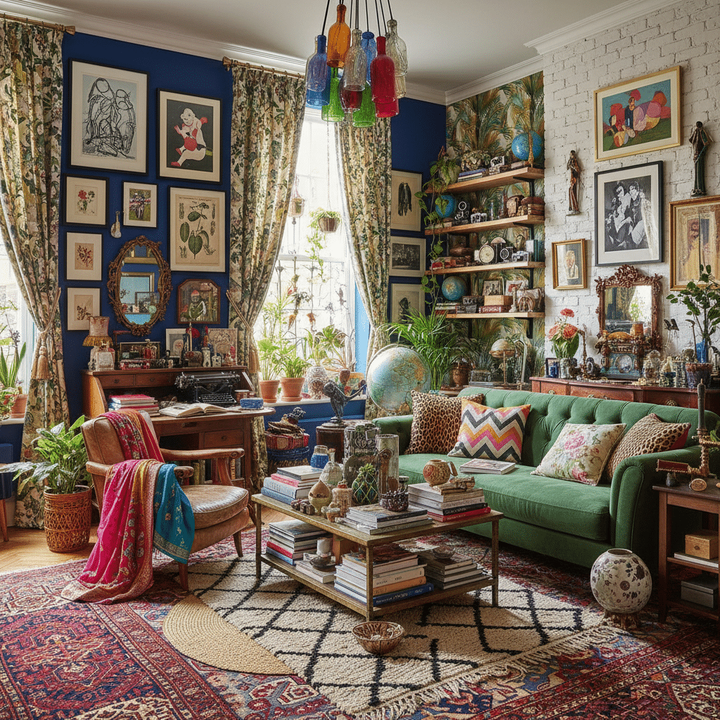 image - Handy Home Eclectic living room with colorful decor, vintage furniture, plants, and art-filled walls. Cozy and vibrant bohemian style.