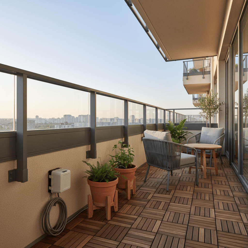 image - Handy Home Modern balcony with cozy seating, potted plants, and city skyline view. Ideal for relaxation and outdoor ambiance.