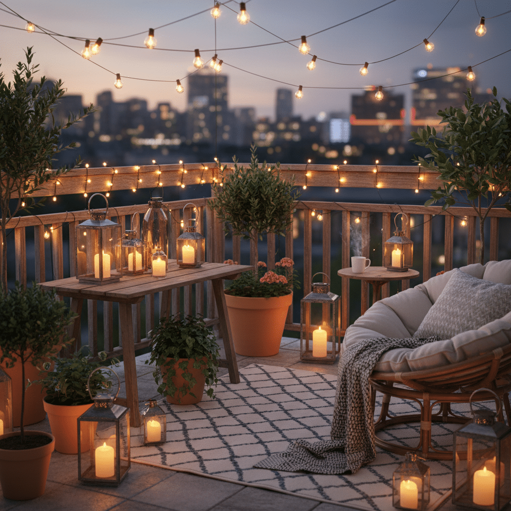 image - Handy Home Cozy rooftop patio with string lights, candles, and plants, perfect for a relaxing evening city view.